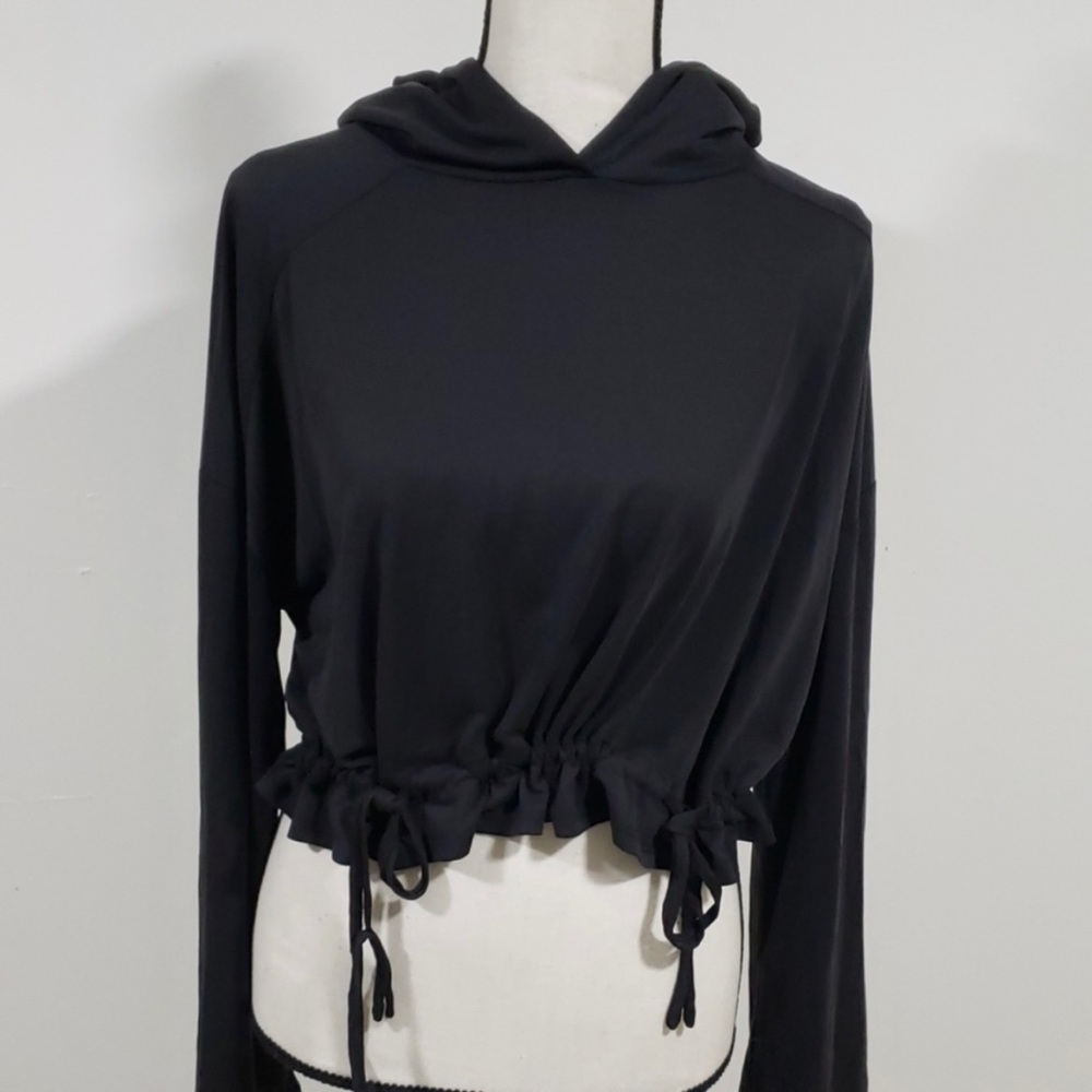 Zara Black Lightweight Modal Cropped Drawstring Hoodie NWT